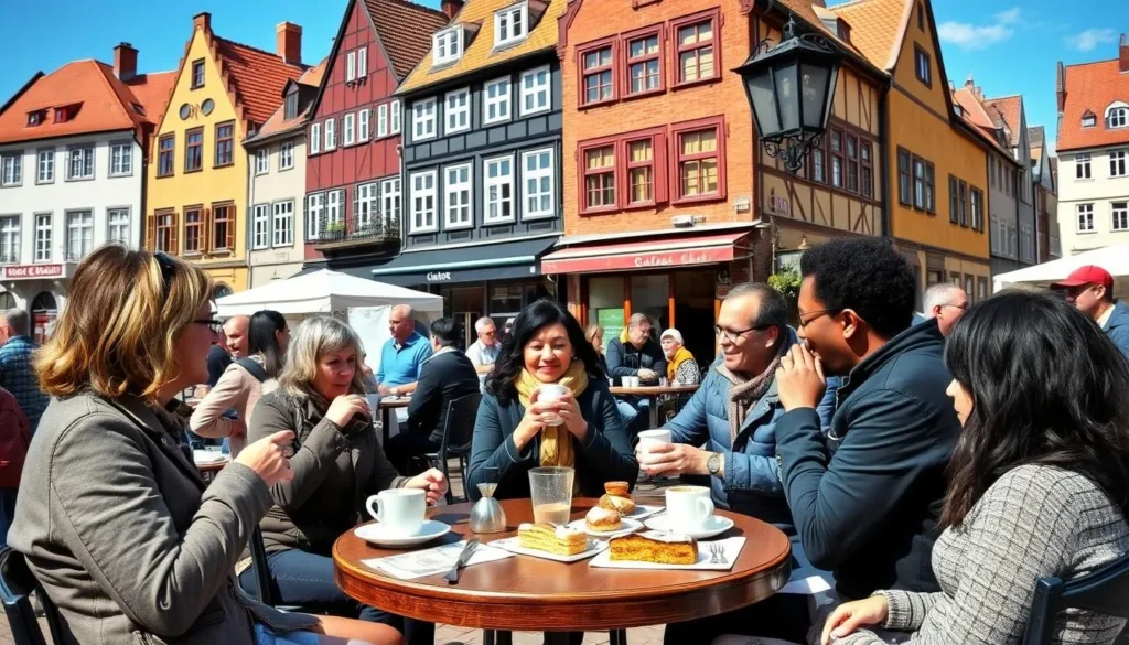 Outdoor cafe in Rostock with locals and tourists enjoying coffee and cake in a relaxed atmosphere