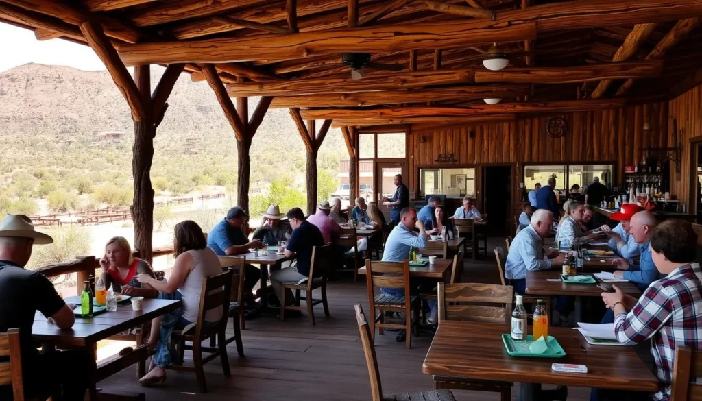 Outdoor dining area at Tortilla Flat with rustic western decor and mountain views