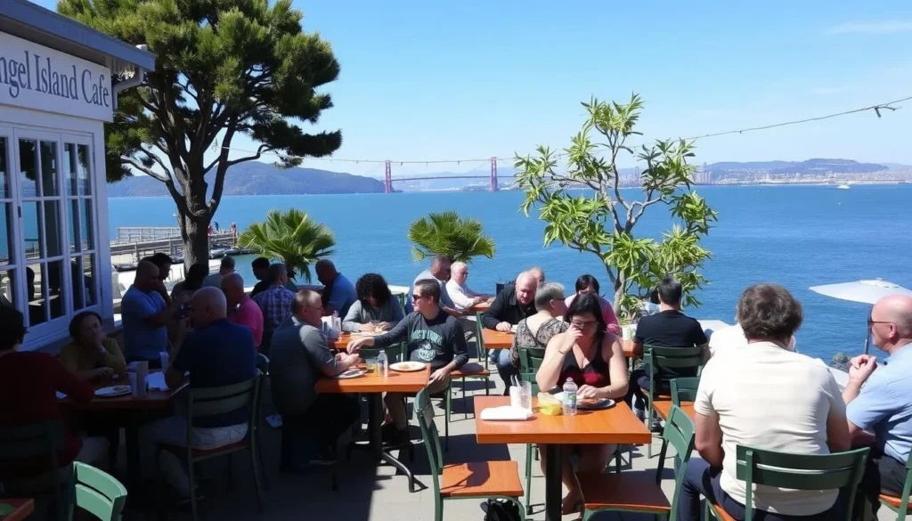 Outdoor dining at Angel Island Cafe with bay views