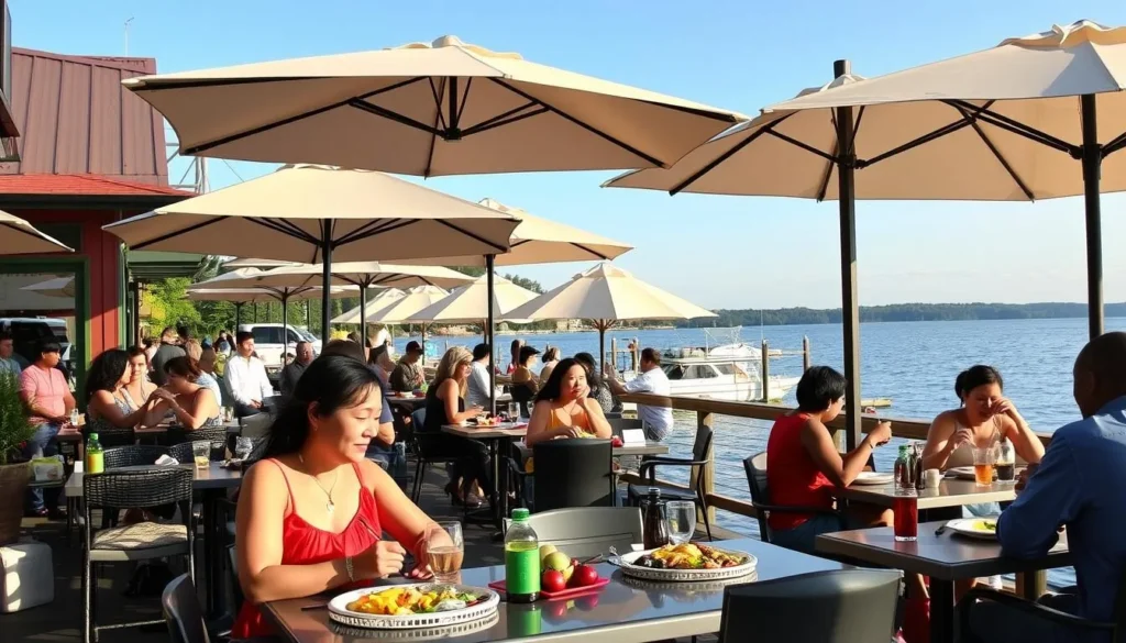 Outdoor dining at a lakeside restaurant in Conneaut Lake with people enjoying meals Outdoor dining at a lakeside restaurant in Conneaut Lake with people enjoying meals