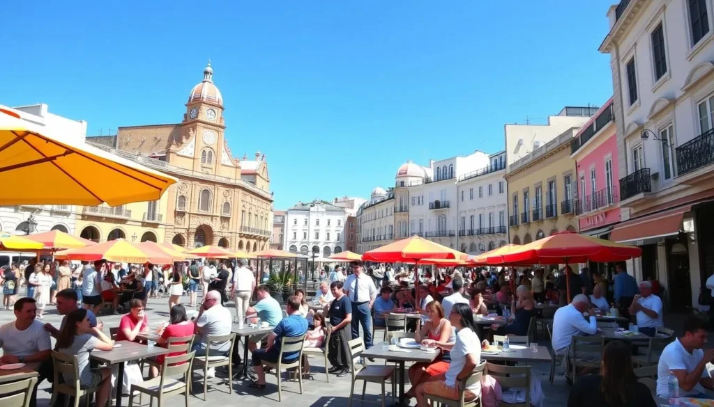 Outdoor dining in Casemates Square, Gibraltar, with historic buildings Outdoor dining in Casemates Square, Gibraltar, with historic buildings