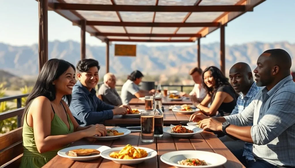 Outdoor dining with mountain views near Mount San Jacinto State Park Outdoor dining with mountain views near Mount San Jacinto State Park