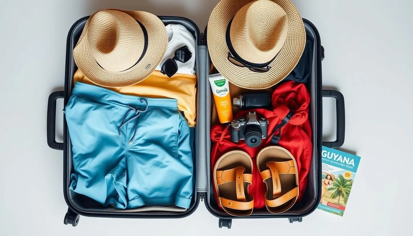 Packed suitcase with essential items for a trip to Baganara Island Resort Guyana including light clothing and outdoor gear