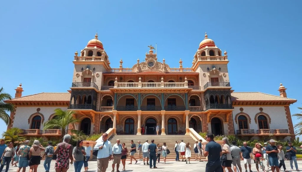 Palacio de Valle in Punta Gorda with its eclectic architecture and tourists exploring Palacio de Valle in Punta Gorda with its eclectic architecture and tourists exploring