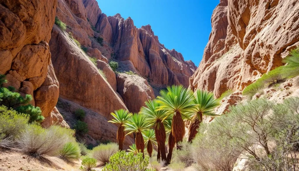 Palm Canyon in Kofa National Wildlife Refuge showing native palm trees in the rocky canyon Palm Canyon in Kofa National Wildlife Refuge showing native palm trees in the rocky canyon
