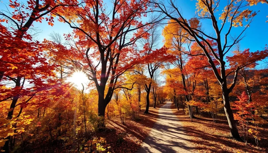Palomar Mountain State Park in autumn showing colorful fall foliage along hiking trails