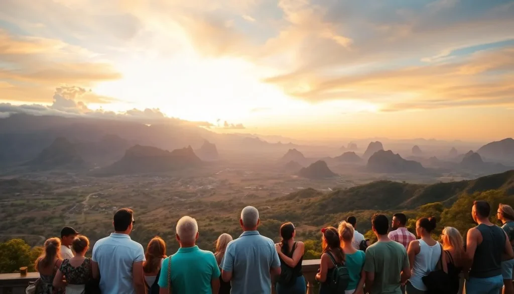 Panoramic sunset view of Valle de Vinales from the Hotel Los Jazmines viewpoint showing the valley and mogotes