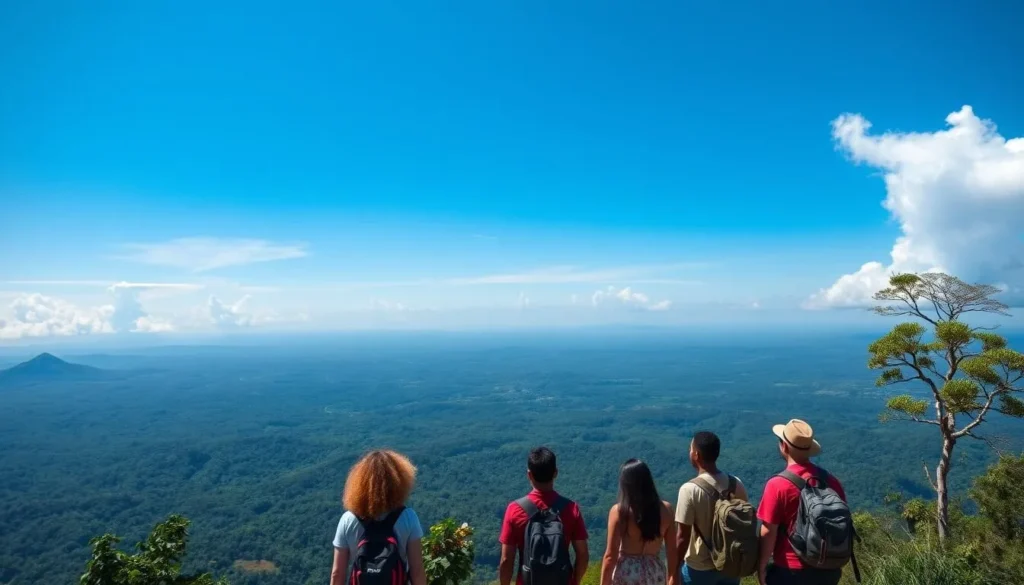 Panoramic view from Mount Ayanganna summit with hikers enjoying the vista