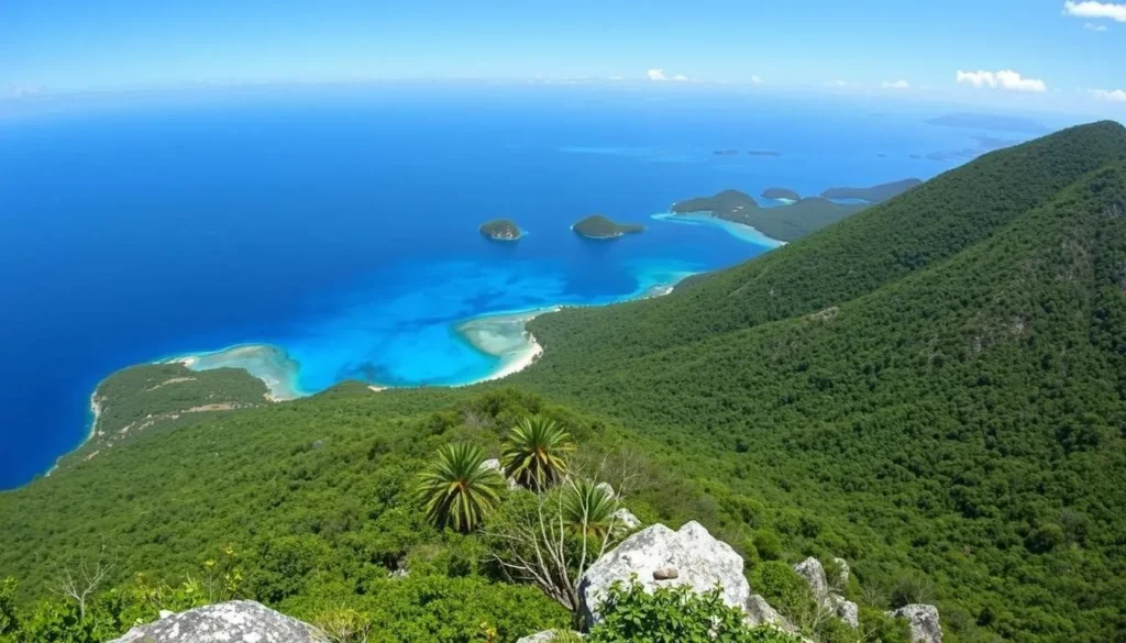 Panoramic view from a Terre-de-Bas Island viewpoint showing the Les Saintes archipelago
