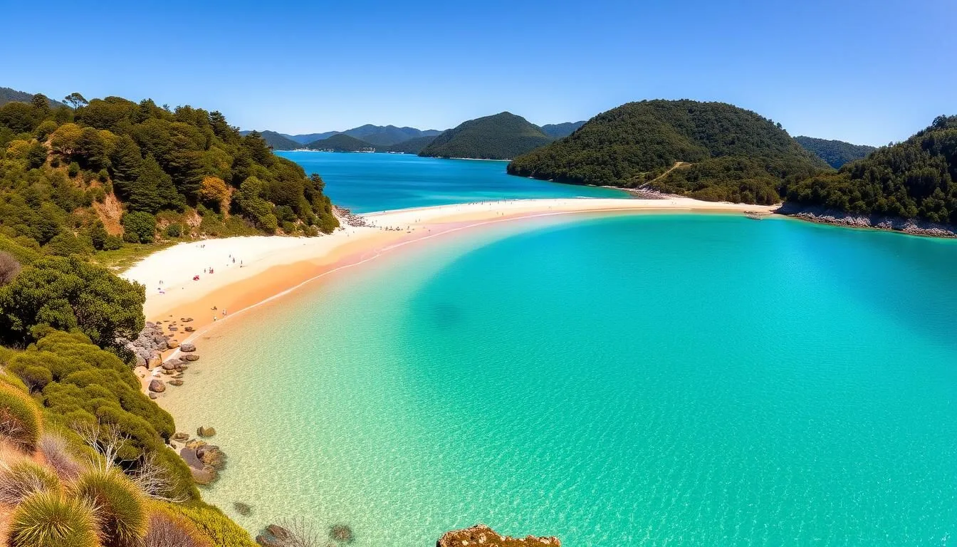 Panoramic view of Abel Tasman National Park's golden beaches and turquoise waters with lush green forests