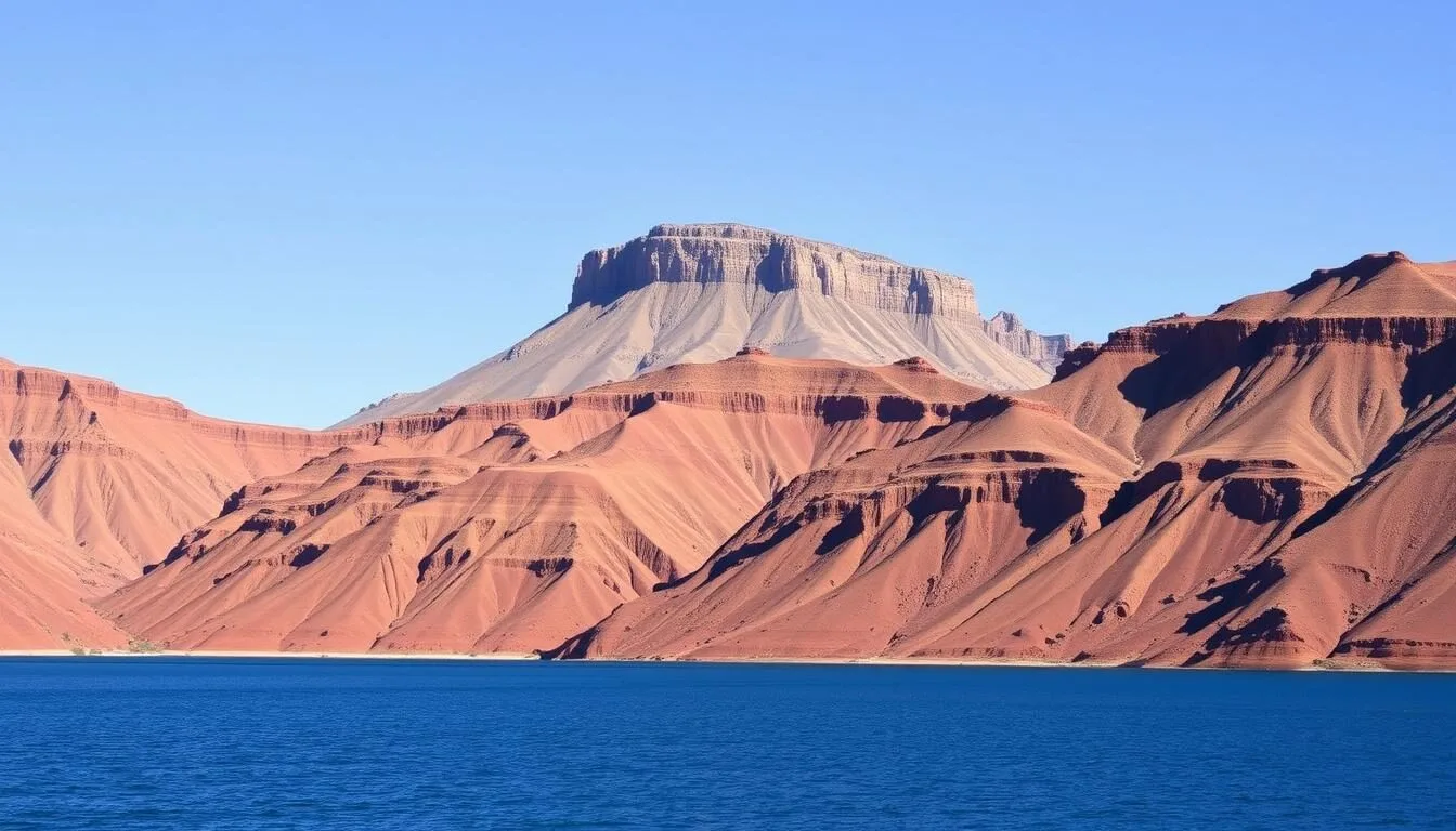 Panoramic-view-of-Abiquiu-Lake-with-red-sandstone-cliffs-and-Pedernal-Mountain-in-the Panoramic view of Abiquiu Lake with red sandstone cliffs and Pedernal Mountain in the background