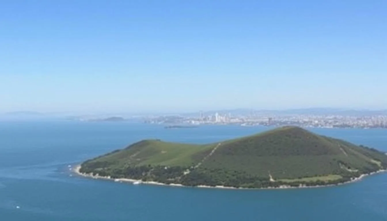 Panoramic view of Angel Island with San Francisco skyline in the background