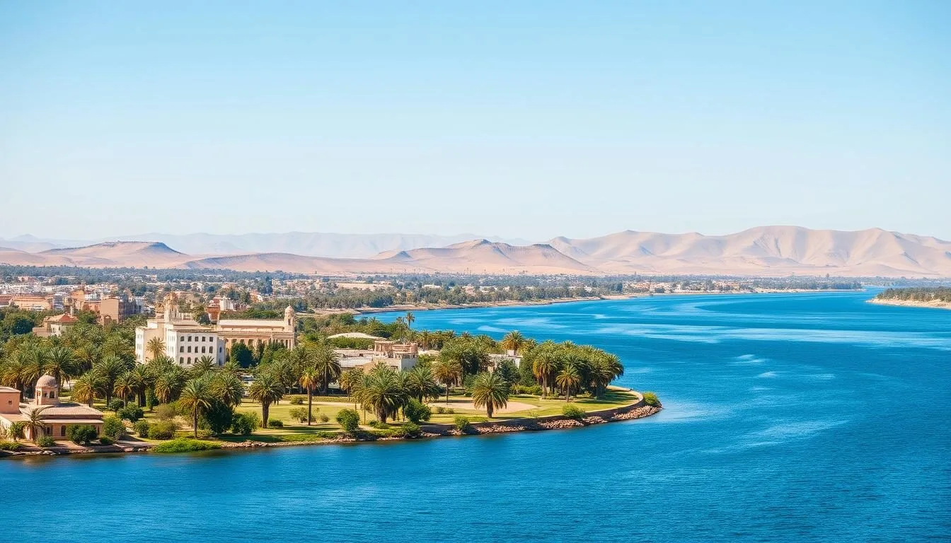 Panoramic view of Aswan city with the Nile River, palm trees, and traditional buildings under clear blue skies
