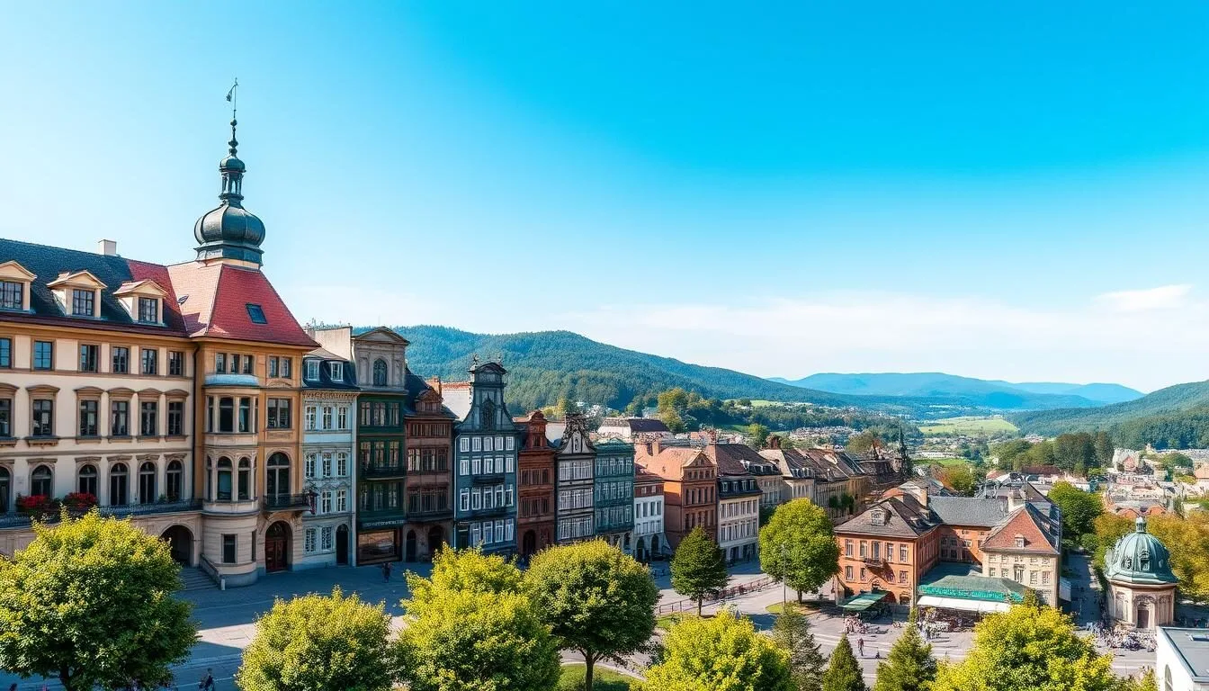 Panoramic view of Baden-Baden's historic center with Belle Époque architecture and surrounding Black Forest hills