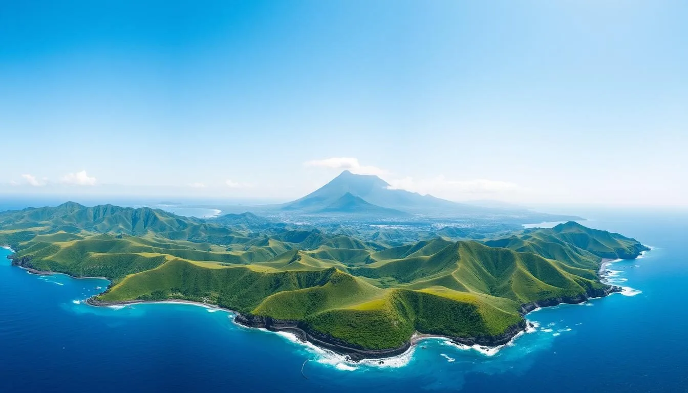 Panoramic-view-of-Batan-Islands-rolling-hills-and-coastline-with-Mt.-Iraya-in-the-background Panoramic view of Batan Island's rolling hills and coastline with Mt. Iraya in the background