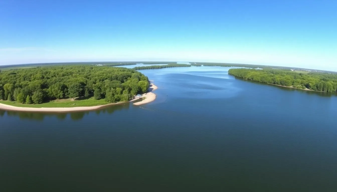 Panoramic-view-of-Beaver-Island-on-the-Mississippi-River-with-lush-greenery-and-calm-waters-on- Panoramic view of Beaver Island on the Mississippi River with lush greenery and calm waters on a sunny day