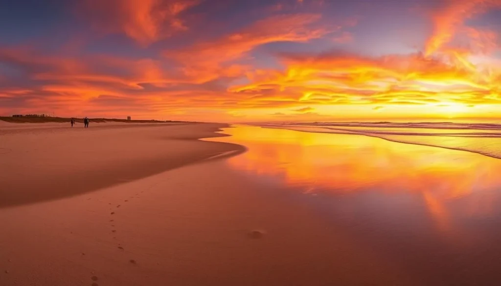 Panoramic view of Bolsa Chica State Beach California at sunset with golden light on the sand and water Panoramic view of Bolsa Chica State Beach California at sunset with golden light on the sand and water
