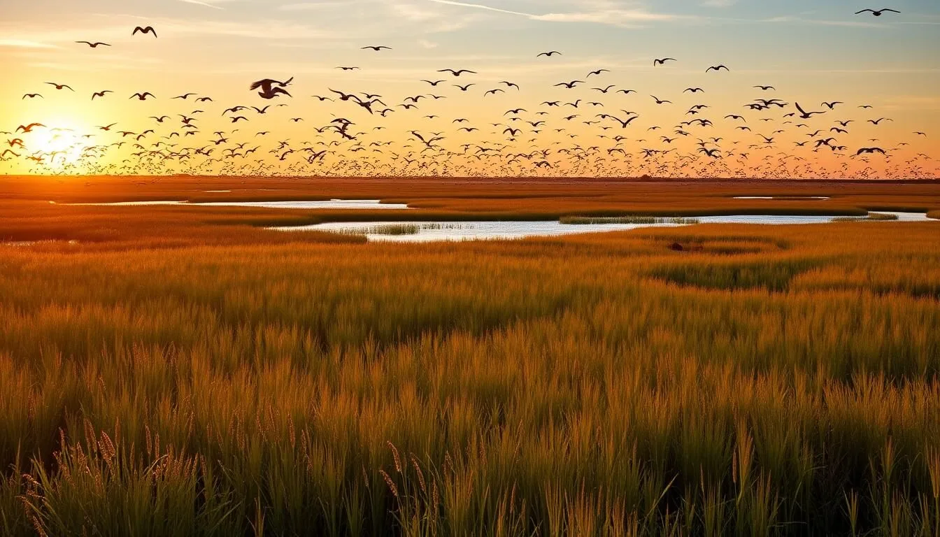 Panoramic-view-of-Cameron-Prairie-National-Wildlife-Refuge-wetlands-with-migratory-birds-flying Panoramic view of Cameron Prairie National Wildlife Refuge wetlands with migratory birds flying overhead at sunset
