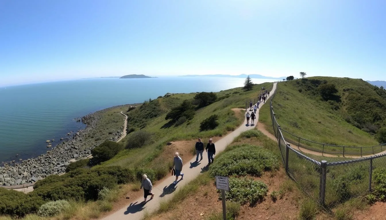 Panoramic view of Candlestick Point State Recreation Area California with San Francisco Bay in the background on a clear sunny day