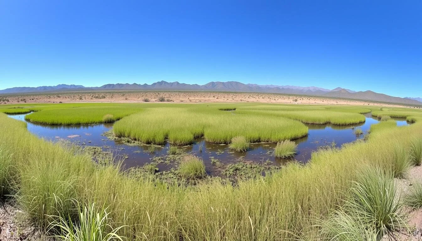 Panoramic-view-of-Canelo-Hills-Cienega-Reserve-Arizona-showing-the-lush-wetland-area-surrounded Panoramic view of Canelo Hills Cienega Reserve Arizona showing the lush wetland area surrounded by rolling grasslands