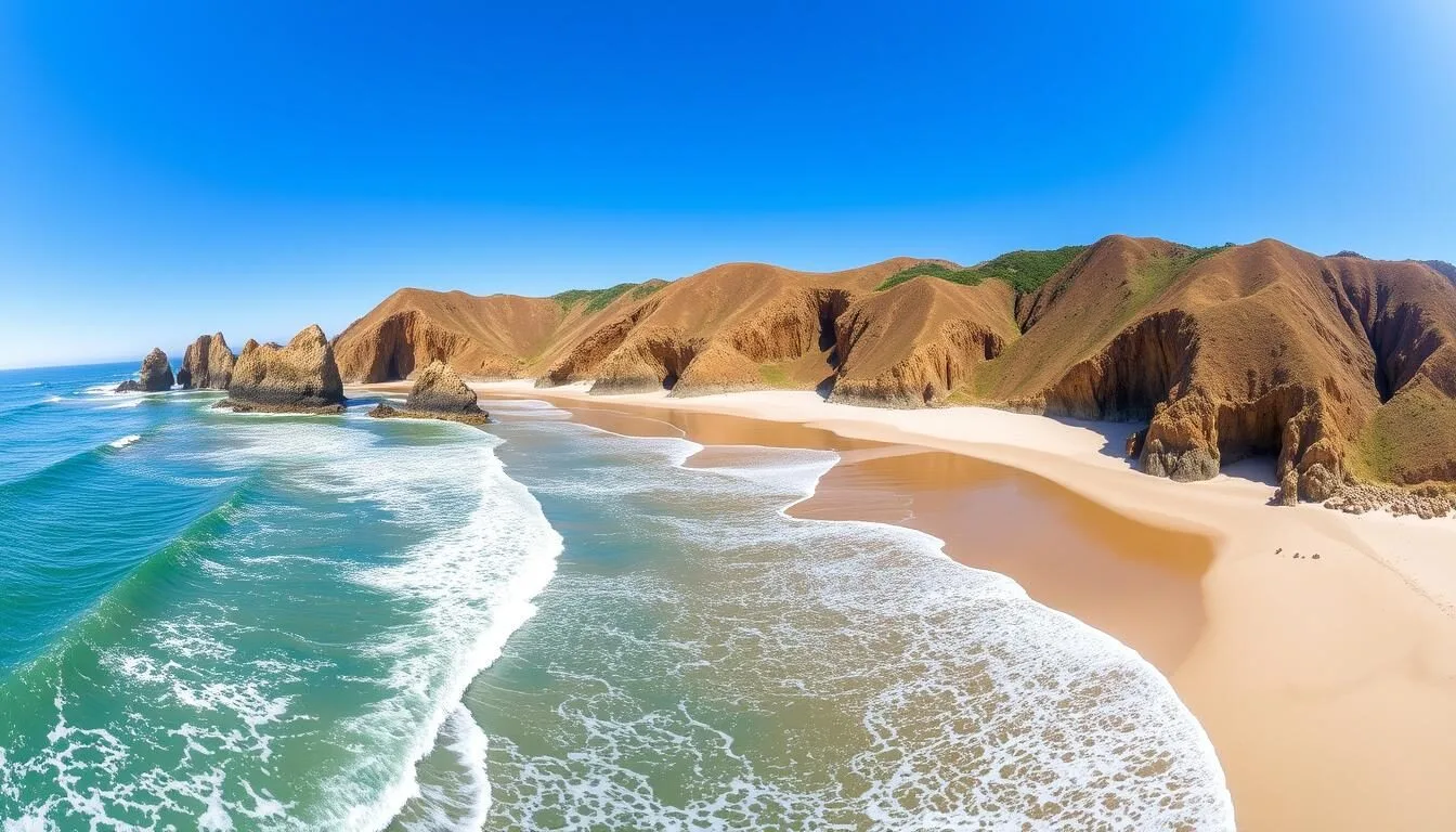 Panoramic-view-of-Caspar-Headlands-State-Beach-California-showing-the-sandy-beach-and-rugged Panoramic view of Caspar Headlands State Beach California showing the sandy beach and rugged coastline on a sunny day
