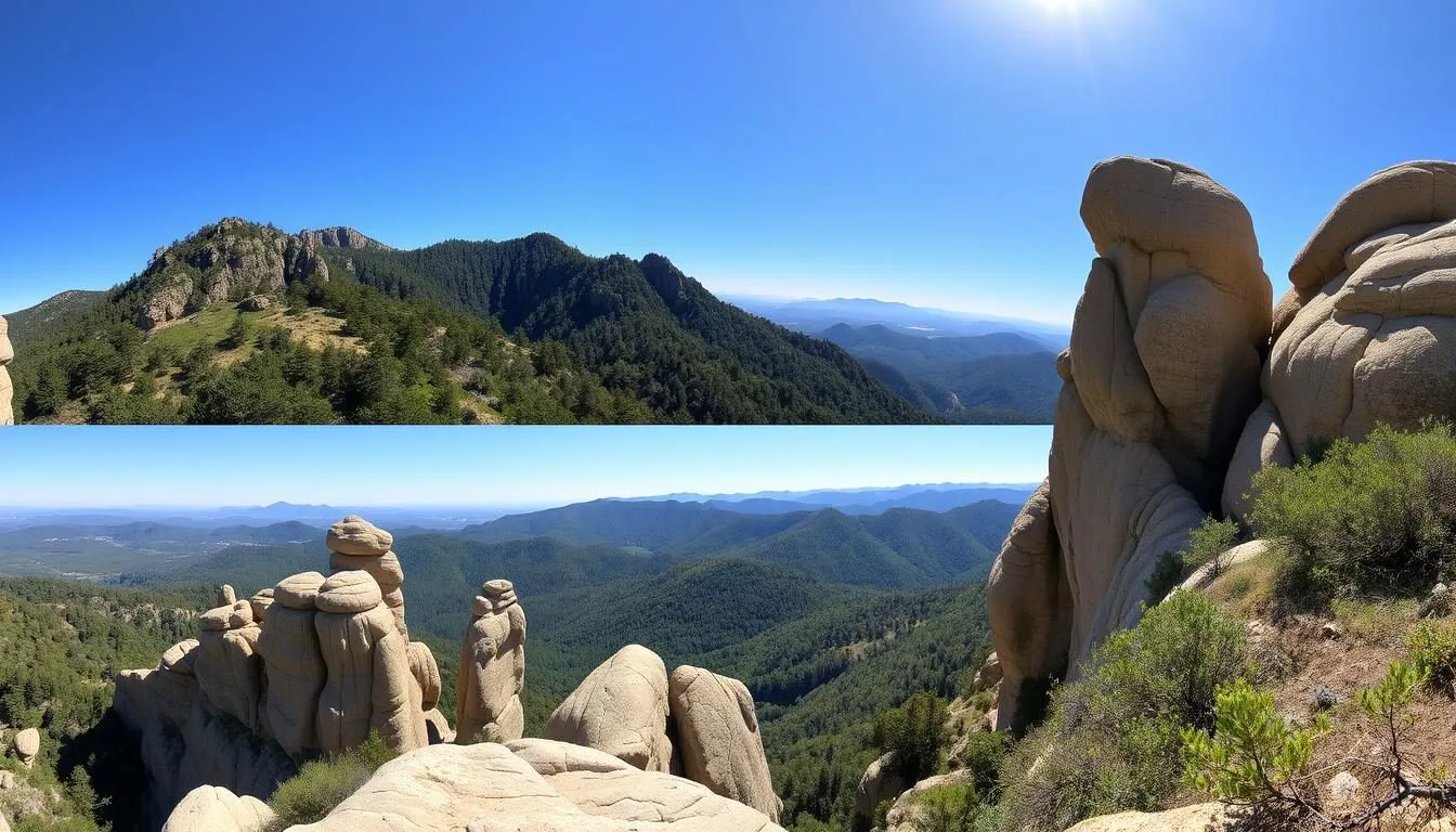 Panoramic-view-of-Castle-Rock-State-Park-California-showing-sandstone-formations-and-forested Panoramic view of Castle Rock State Park California showing sandstone formations and forested mountains
