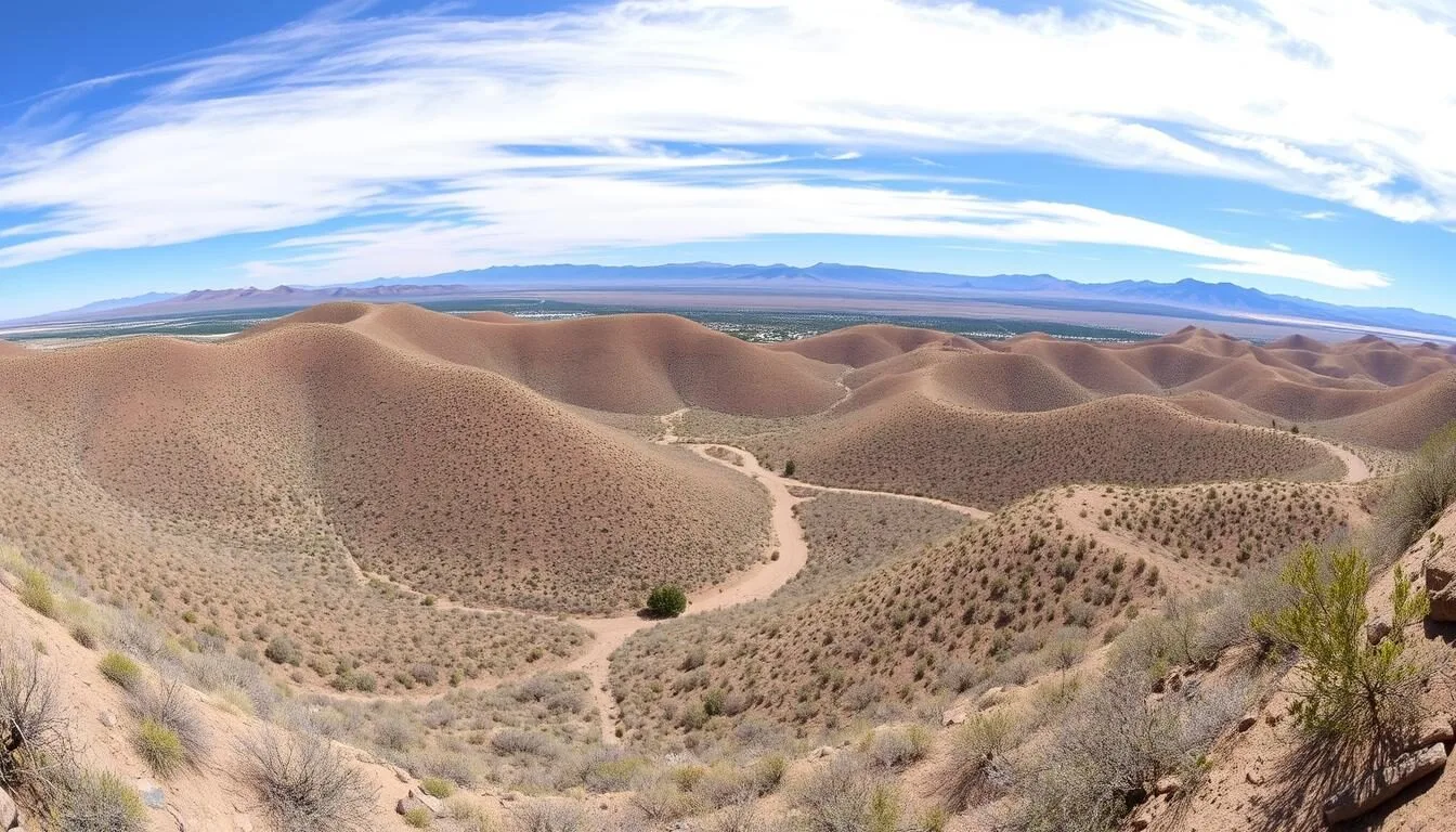 Panoramic view of Cerrillos Hills State Park showing the rolling hills and mountain ranges in the distance on a clear day