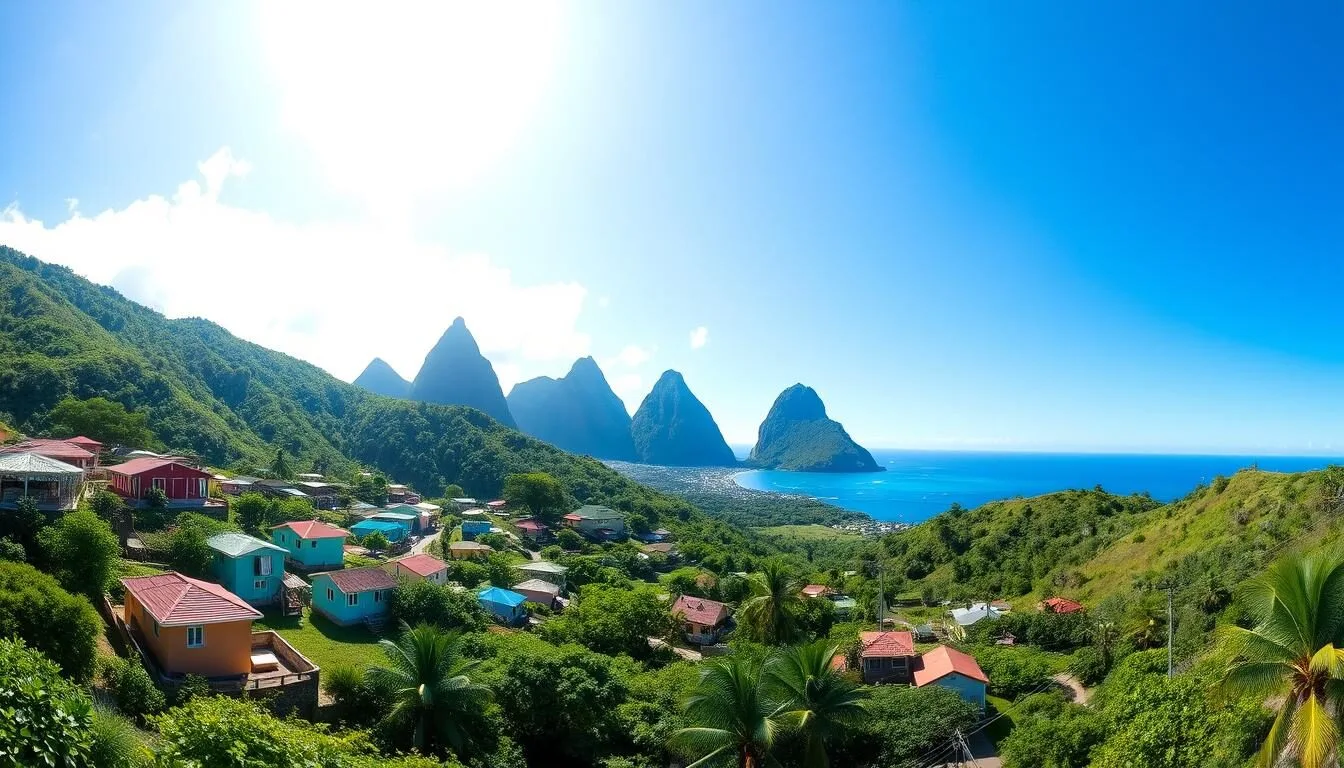 Panoramic view of Choiseul village with the Pitons in the background on a sunny day