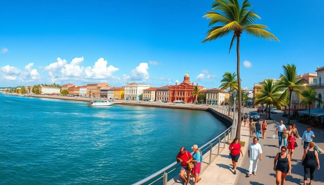 Panoramic view of Cienfuegos bay with colorful buildings and palm trees along the Malecón