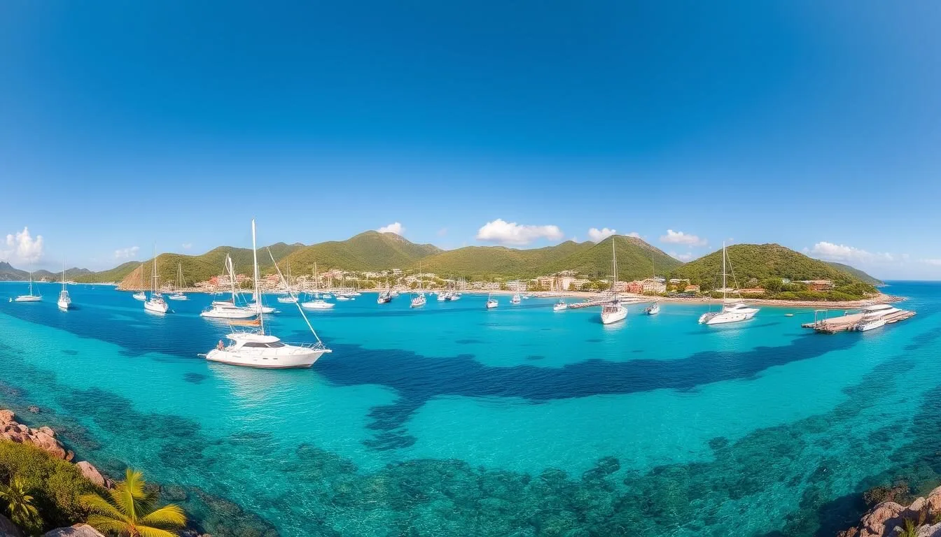 Panoramic view of Cole Bay with boats in the harbor and mountains in the background, St. Martin - St. Maarten