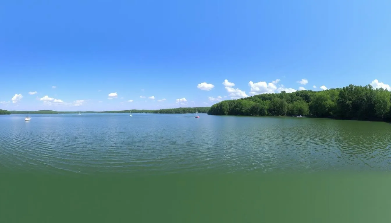 Panoramic-view-of-Conneaut-Lake-on-a-sunny-summer-day-with-boats-on-the-water-and-lush-green Panoramic view of Conneaut Lake on a sunny summer day with boats on the water and lush green shoreline