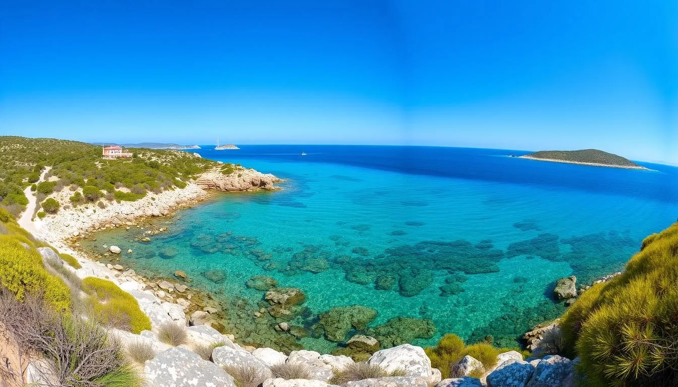 Panoramic-view-of-Cres-Island-coastline-with-crystal-clear-turquoise-waters-and-rocky-shores-on Panoramic view of Cres Island coastline with crystal clear turquoise waters and rocky shores on a sunny day