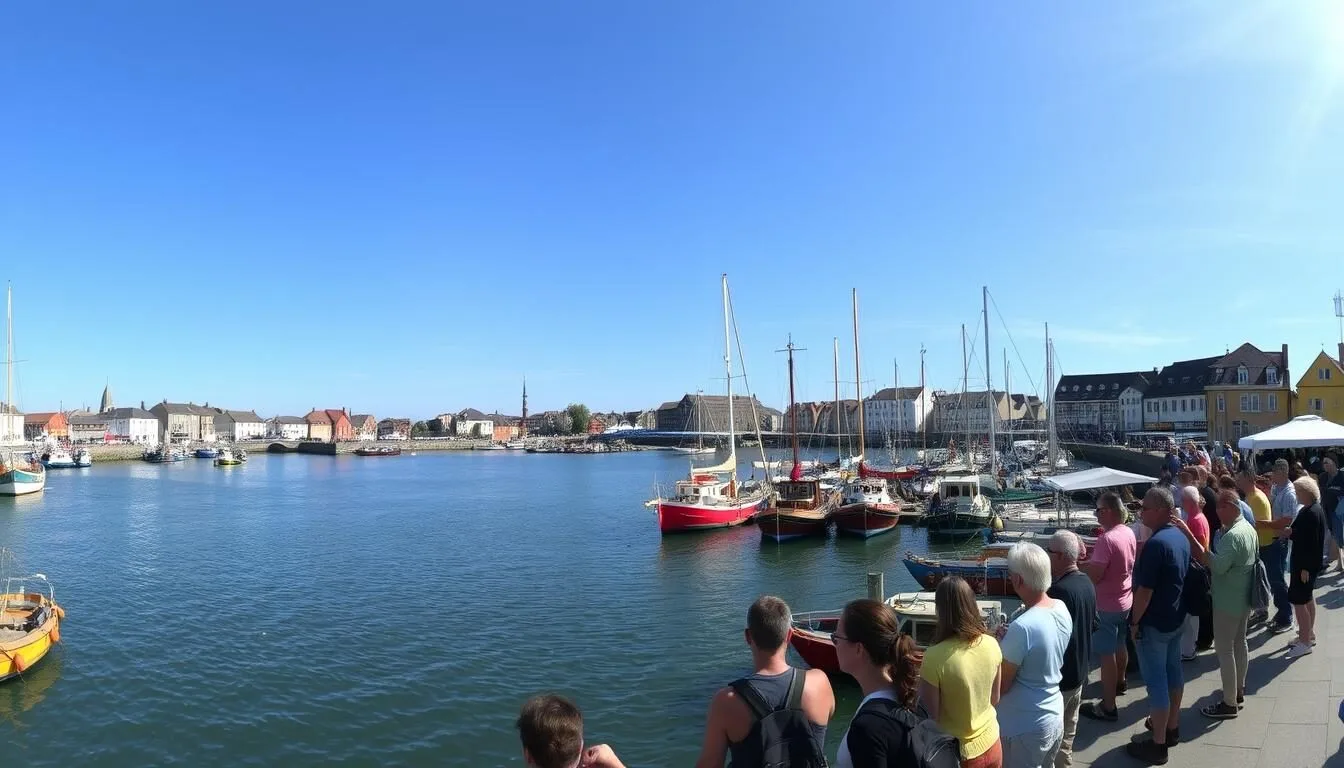 Panoramic view of Dunkirk's beautiful harbor with colorful boats and historic buildings on a sunny day