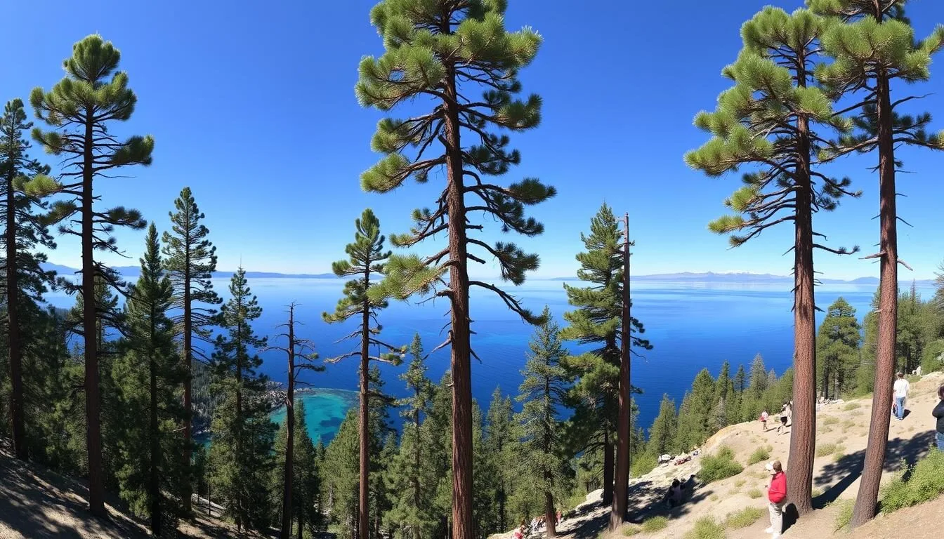 Panoramic-view-of-Ed-Zberg-Sugar-Pine-Point-State-Park-with-tall-pine-trees-and-Lake-Tahoes Panoramic view of Ed Z'berg Sugar Pine Point State Park with tall pine trees and Lake Tahoe's blue waters on a sunny day