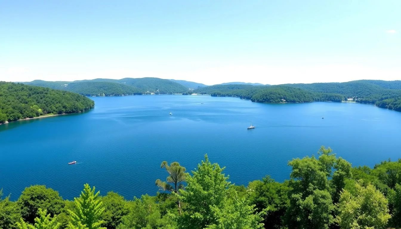 Panoramic-view-of-Edinboro-Lake-on-a-sunny-day-with-boats-on-the-water-and-trees-surrounding Panoramic view of Edinboro Lake on a sunny day with boats on the water and trees surrounding the shoreline
