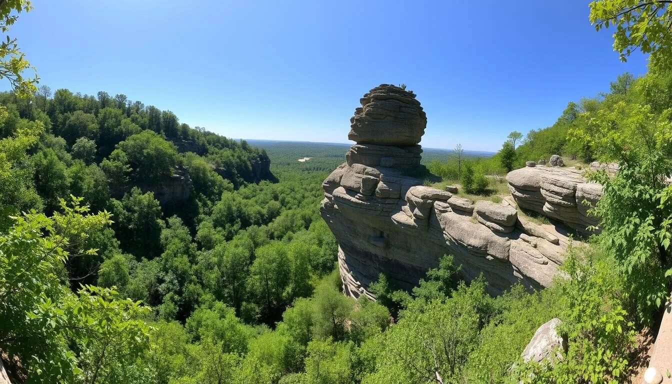 Panoramic view of Ferne Clyffe State Park showing lush forests and dramatic rock formations on a beautiful sunny day