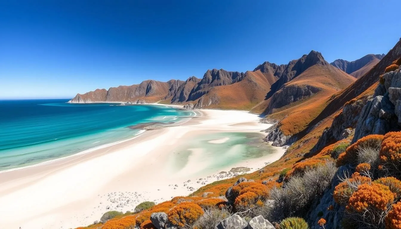 Panoramic-view-of-Flinders-Island-coastline-in-the-Furneaux-Islands-Tasmania-showing Panoramic view of Flinders Island coastline in the Furneaux Islands, Tasmania, showing turquoise waters and granite mountains