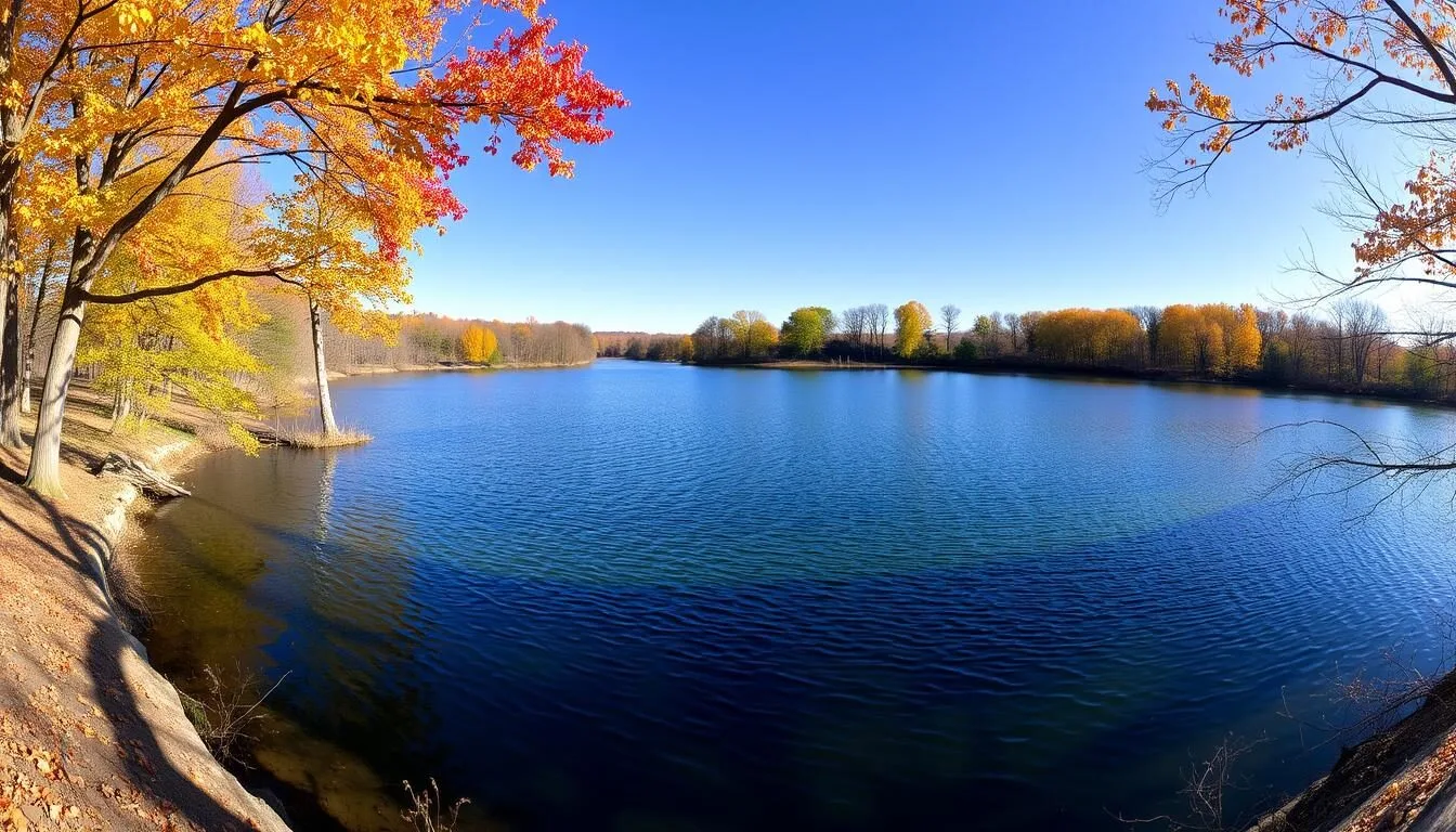Panoramic-view-of-Frank-Holten-State-Park-with-Whispering-Willow-Lake-and-trees-in-autumn Panoramic view of Frank Holten State Park with Whispering Willow Lake and trees in autumn colors