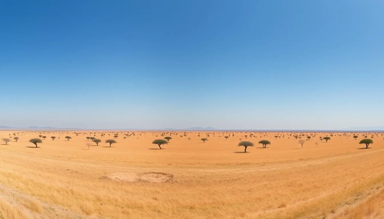 Panoramic view of Geraille National Park's savannah landscape with acacia trees under a clear blue sky