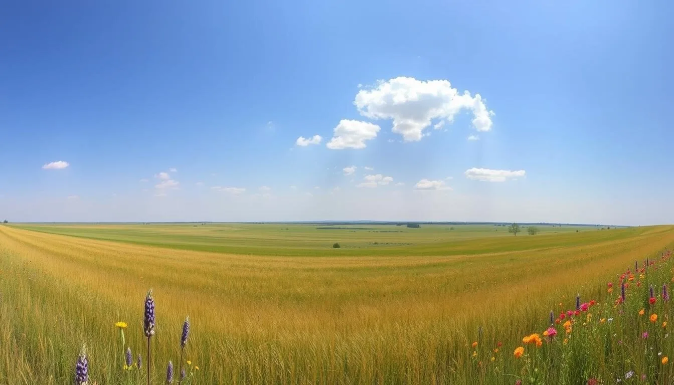Panoramic-view-of-Goose-Lake-Prairie-Nature-Preserve-Illinois-showing-vast-prairie-landscape Panoramic view of Goose Lake Prairie Nature Preserve Illinois showing vast prairie landscape with tall grasses and wildflowers under blue sky