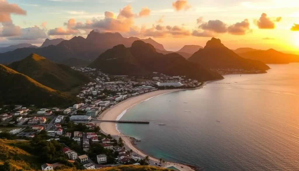 Panoramic view of Grand Case at sunset showing the beach, village, and mountains