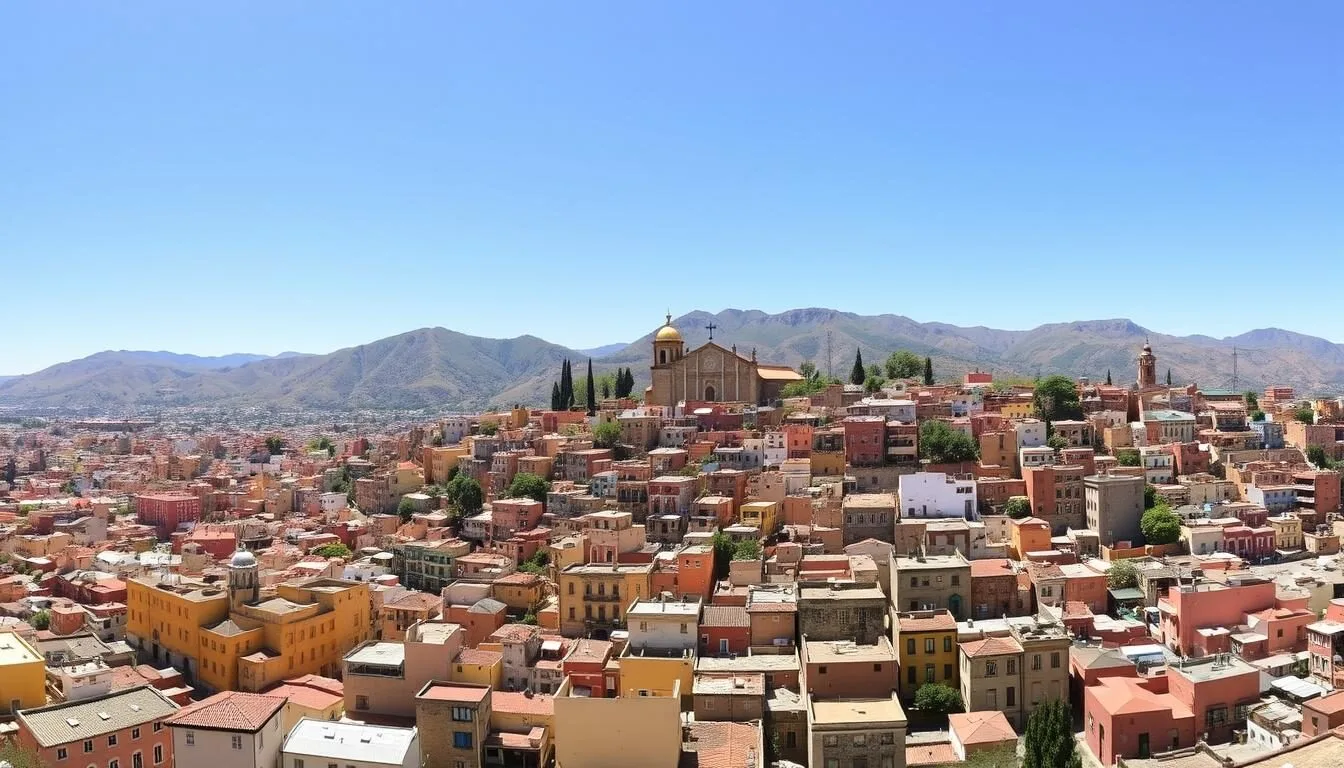 Panoramic view of Guanajuato, Mexico showing colorful buildings cascading down hillsides with mountains in the background
