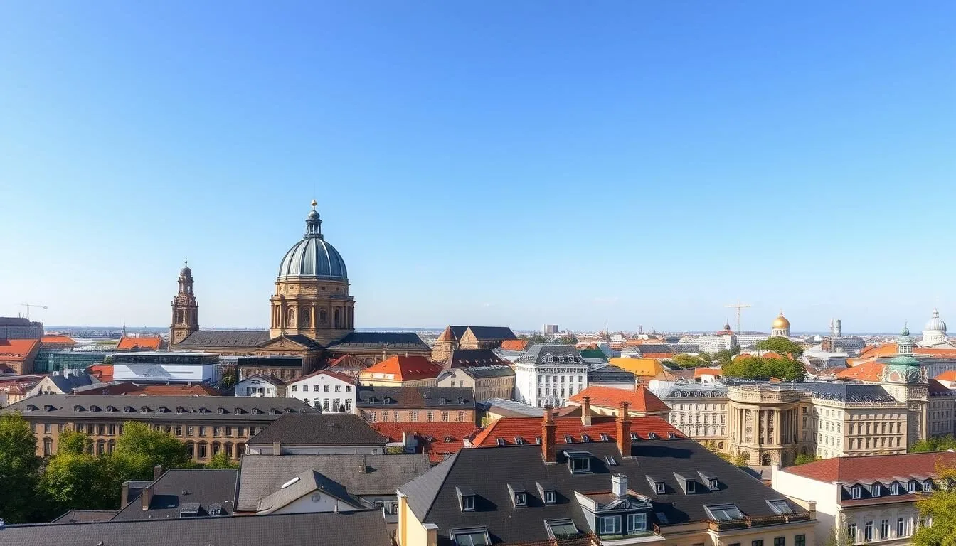 Panoramic view of Hannover's city skyline with the New Town Hall dome visible on a sunny day