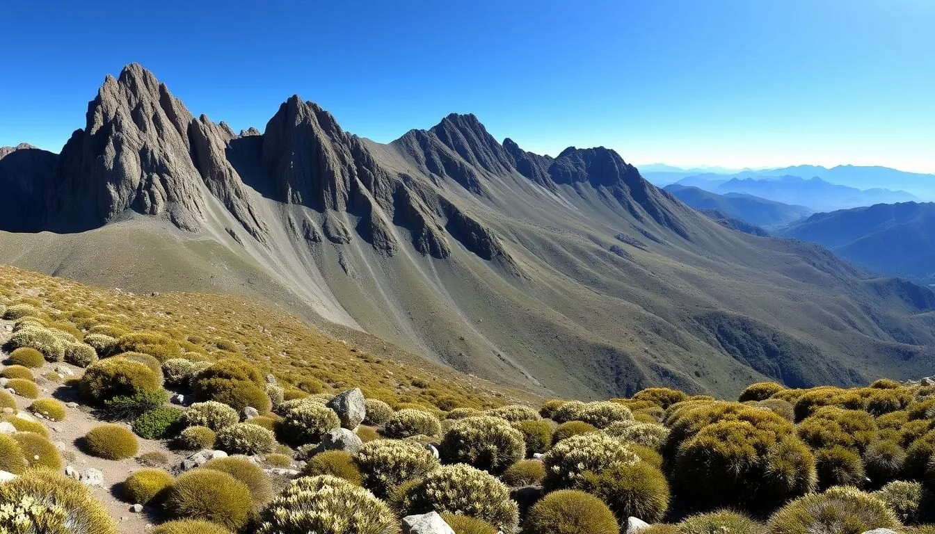 Panoramic view of Hartz Mountains National Park showing dolerite peaks and alpine vegetation on a clear day