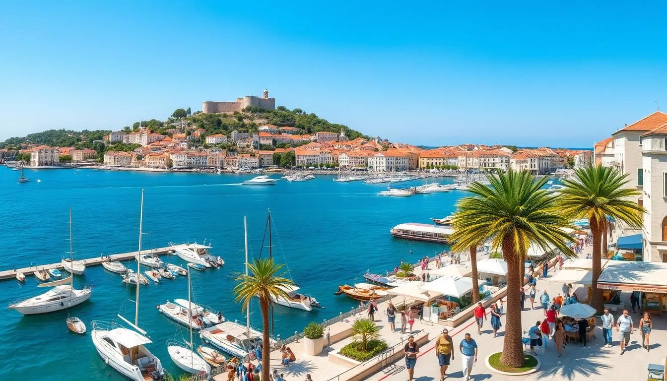 Panoramic view of Hvar Town with its picturesque harbor and historic buildings under clear blue skies