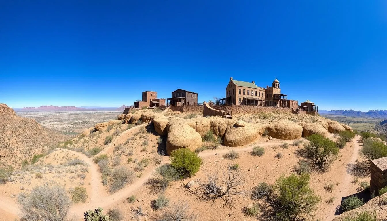 Panoramic view of Jerome State Historic Park with historic buildings perched on Cleopatra Hill overlooking the Verde Valley