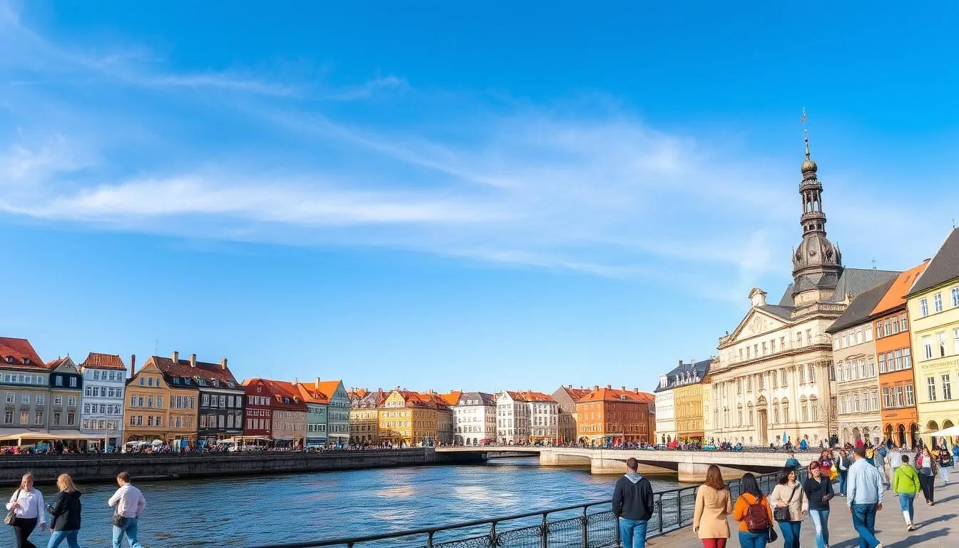 Panoramic view of Kaliningrad city center with the Fishing Village and Königsberg Cathedral