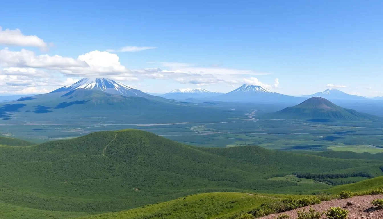 Panoramic-view-of-Kamchatkas-volcanic-landscape-with-snow-capped-peaks-and-lush-green-valleys Panoramic view of Kamchatka's volcanic landscape with snow-capped peaks and lush green valleys