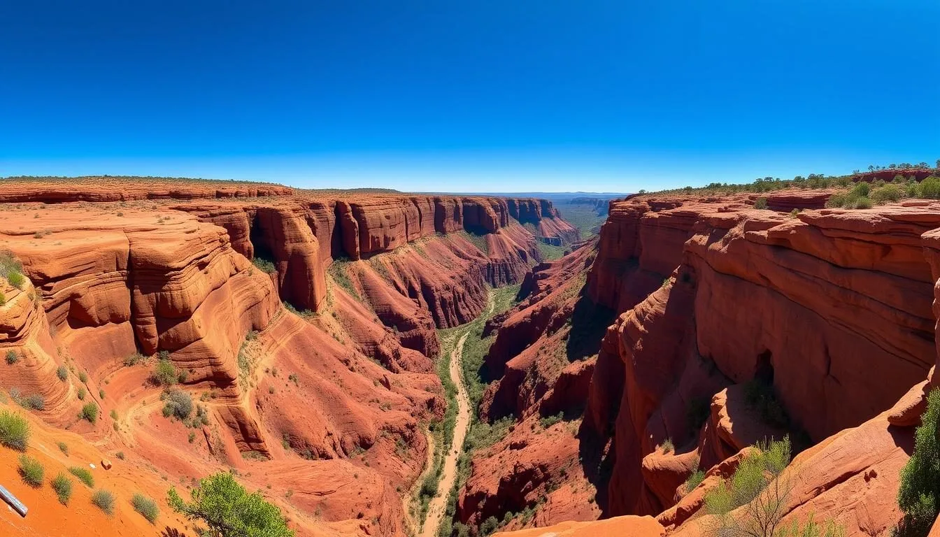 Panoramic view of Karijini National Park showing red rock formations and deep gorges