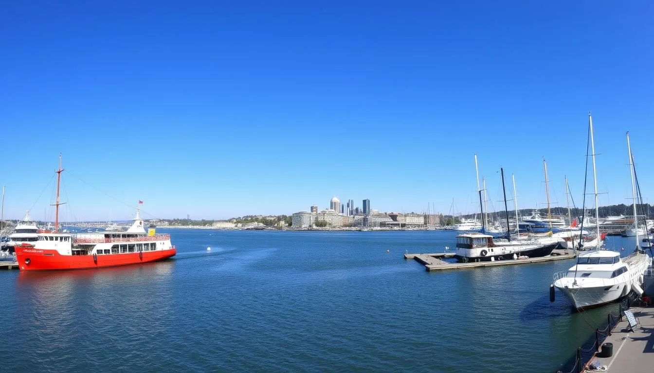 Panoramic view of Kiel's harbor with ships and the city skyline on a sunny day